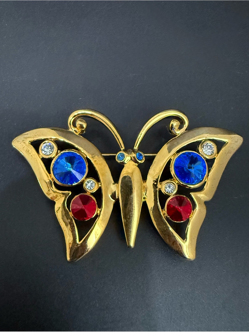 Vintage Regency Accessories Gold-tone Blue & Red Rhinestones Butterfly Brooch